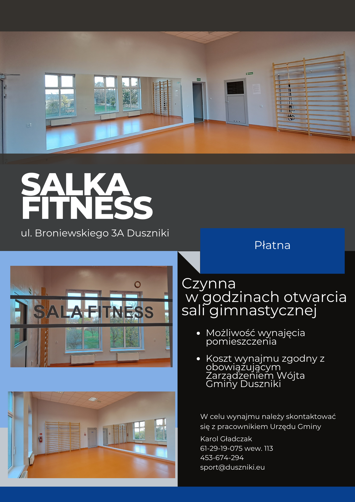 Grafika informacyjna salki fitness w Dusznikach